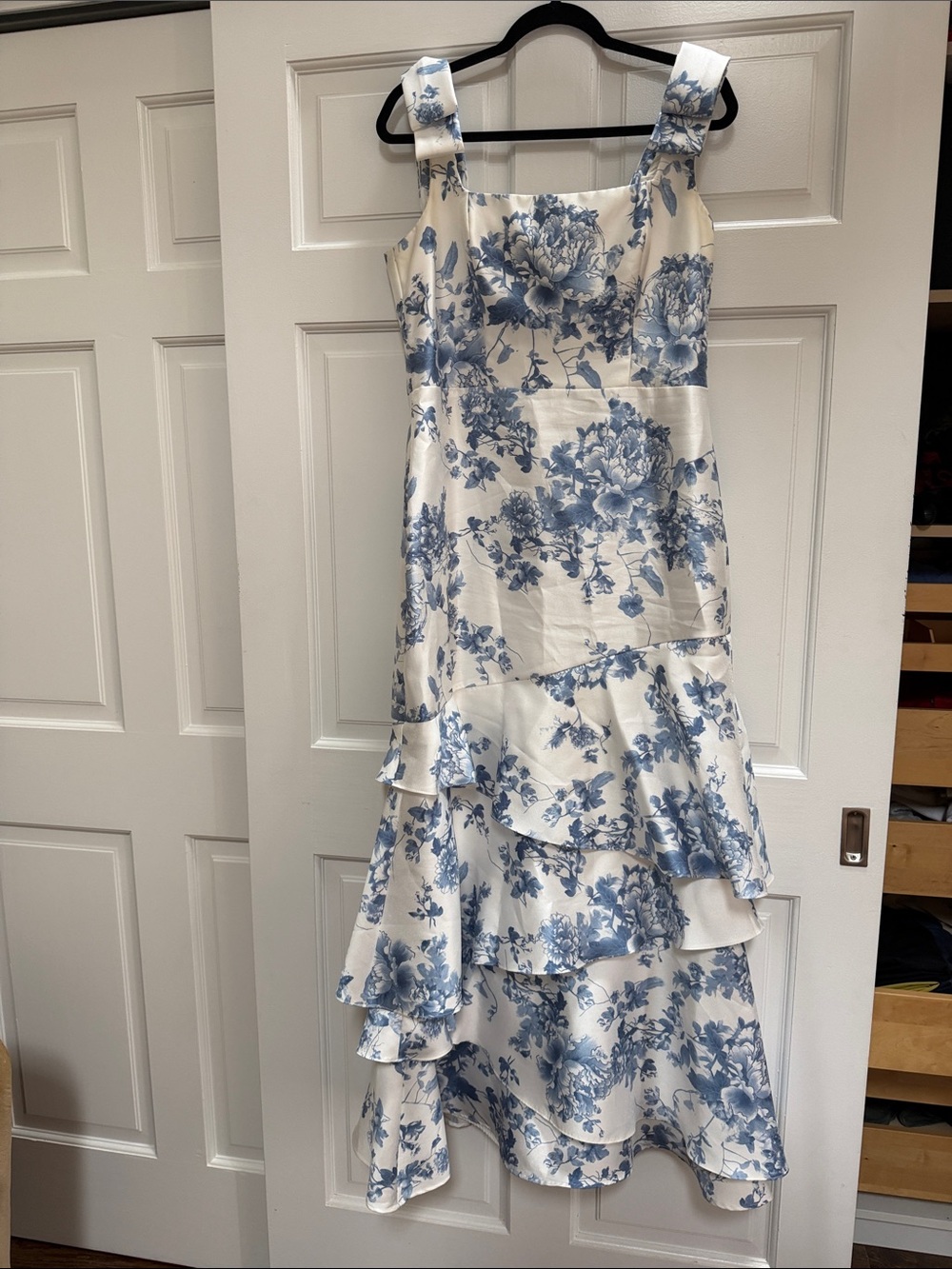 White & Blue Floral Ruffle Maxi Dress